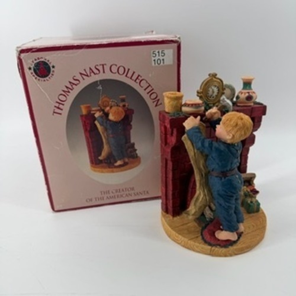 Thomas Nast Collection Christmas Street Figurine Boy Hanging Stocking Fireplace
